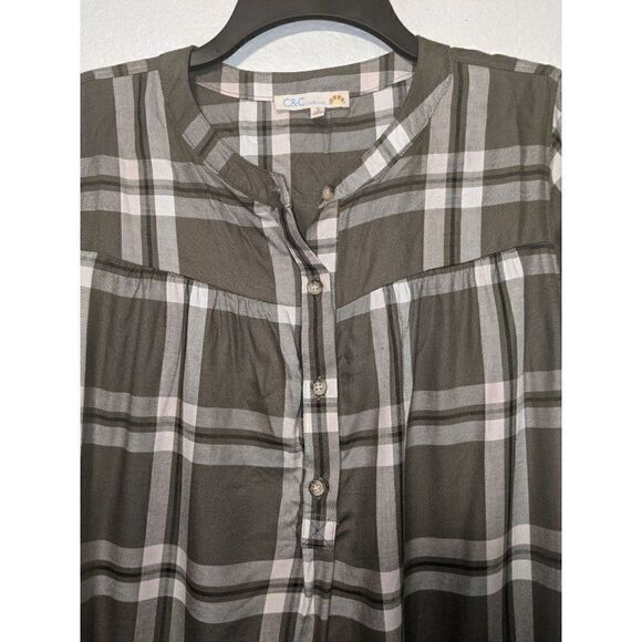 C&C California Womans Plaid Short Sleeve Blouse Sz Small Button Green - Picture 11 of 13